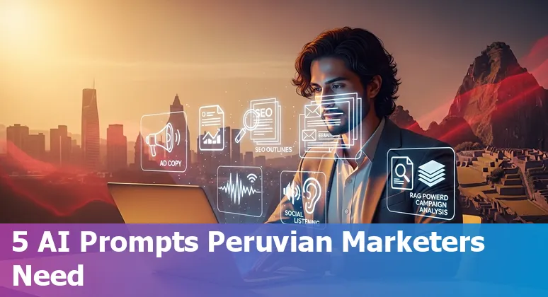 Peruvian marketer using AI prompts on a laptop with icons for ads, SEO, email, social listening, and analytics.