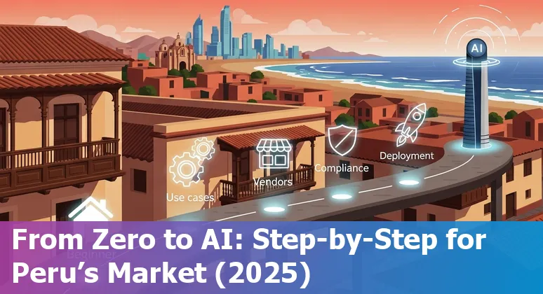 Illustration of AI for real estate in Peru 2025 showing a Peruvian city skyline, property analytics and AI icons
