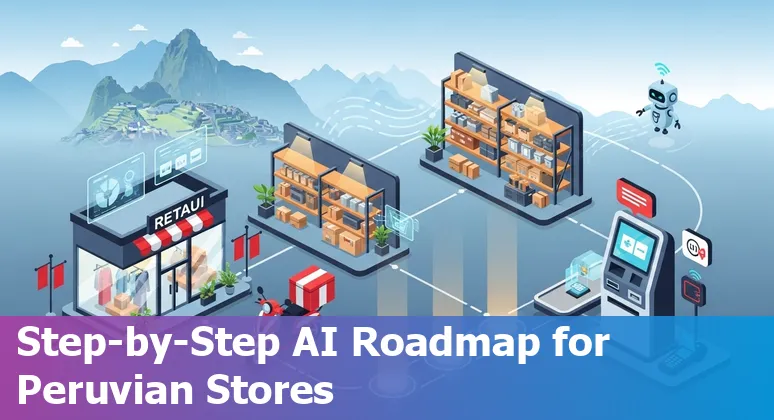 AI-driven retail scene in Peru showing a Peruvian store, dashboards, payment icons and Law 31814 compliance symbols