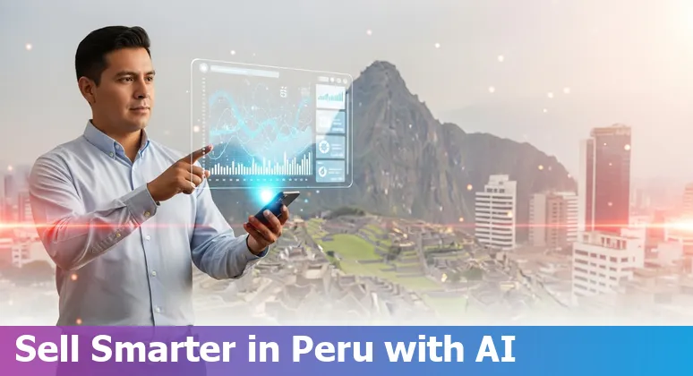 Sales professional using AI tools and WhatsApp on laptop in Lima, Peru