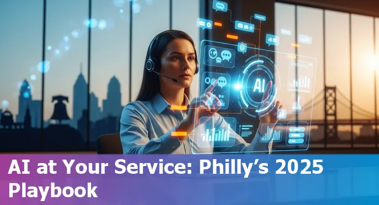 Customer service team using AI chatbot dashboard in Philadelphia, PA skyline visible, Pennsylvania, US