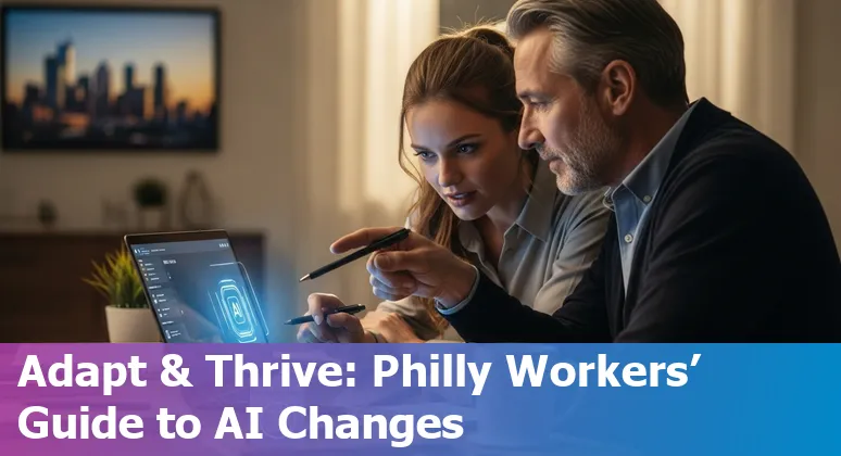 Customer service worker using AI tools in Philadelphia, Pennsylvania, US skyline in background, showing collaboration between AI and human staff