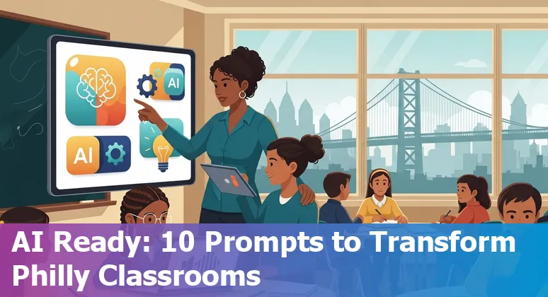 Teacher using AI prompts to create Philadelphia-focused lesson plans with Penn GSE partnership in background.