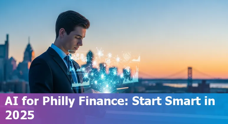 Finance professional using AI dashboard in Philadelphia, PA, USA skyline background
