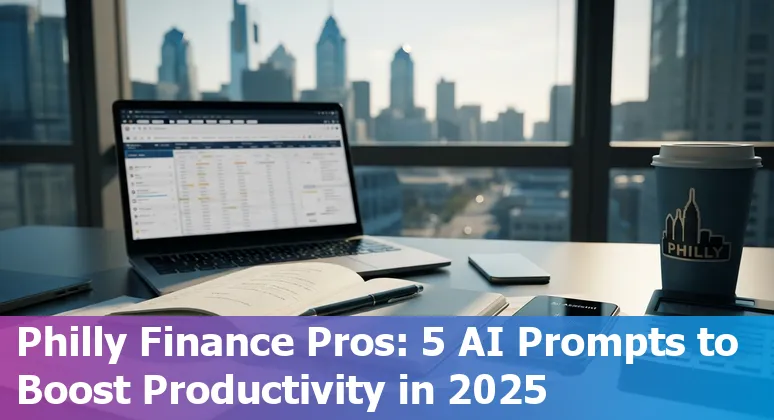 Finance professional in Philadelphia using AI prompts on a laptop with Wharton campus in the background