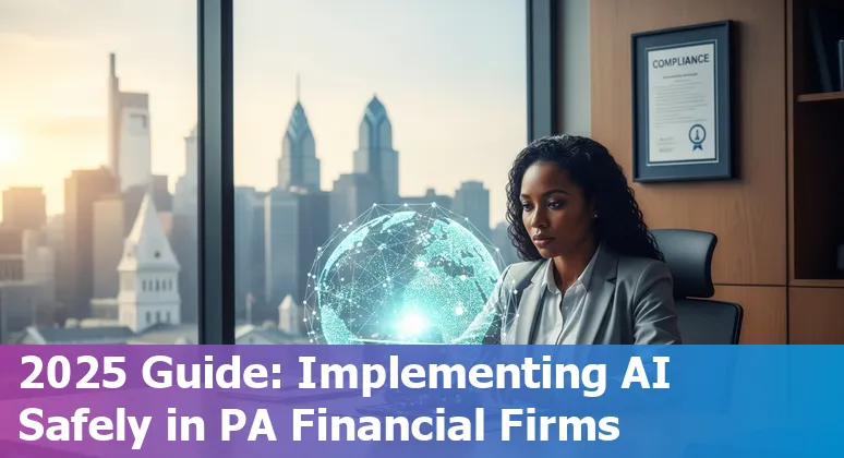 Illustration of AI in financial services set against a Philadelphia, PA skyline to represent AI in finance in Pennsylvania.