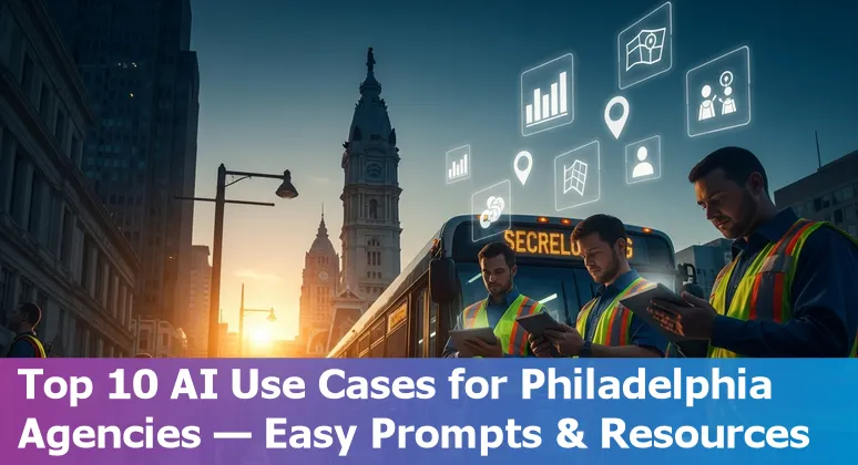 City of Philadelphia government worker using AI tools on a laptop with civic buildings in background