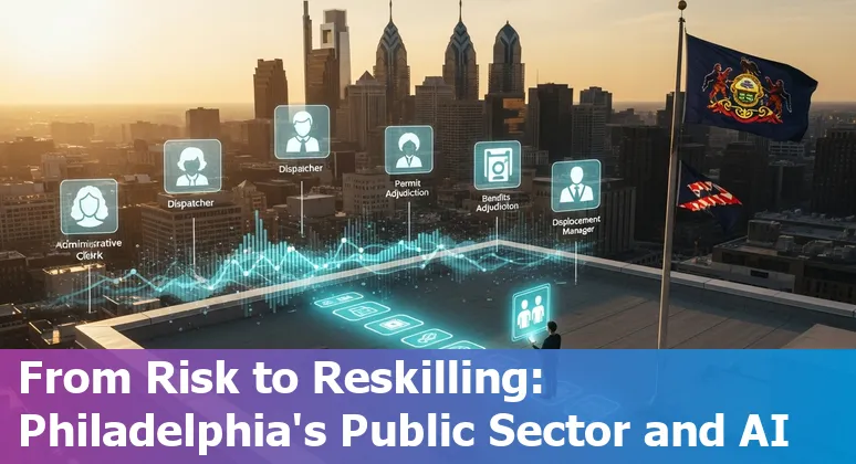 Philadelphia city hall with overlay icons of AI, housing, permits, casework, and communication roles.