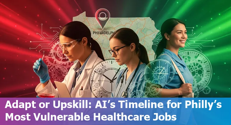Healthcare workers in Philadelphia discussing AI tools with hospital skyline in background