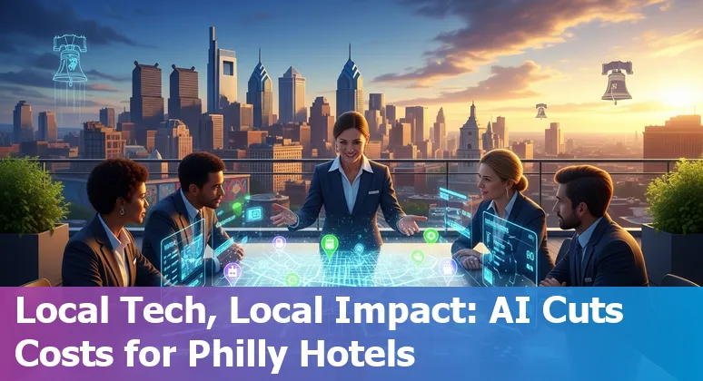 Hotel front desk tablet showing AI dashboard for hospitality efficiency in Philadelphia, Pennsylvania, US