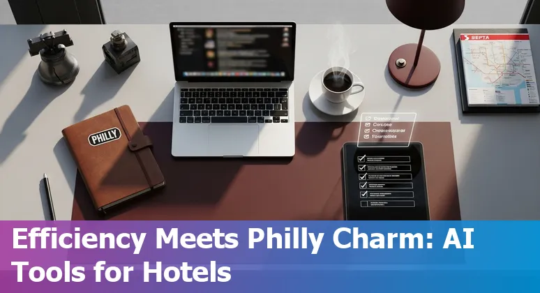 Hotel concierge using AI on a tablet with Philadelphia skyline and landmarks like the Philadelphia Museum of Art in the background
