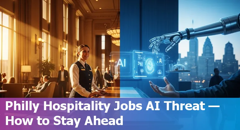 Hospitality worker helping guests at a Philadelphia hotel front desk with city skyline in background