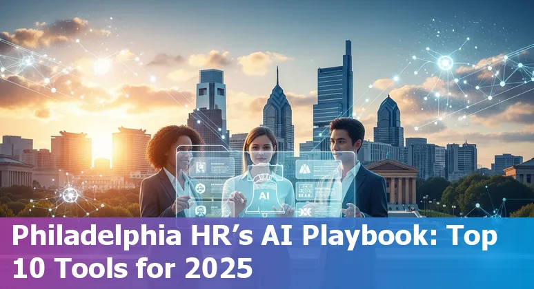 Collage of AI HR tools logos and Philadelphia skyline representing AI HR solutions for Philadelphia HR professionals in 2025.
