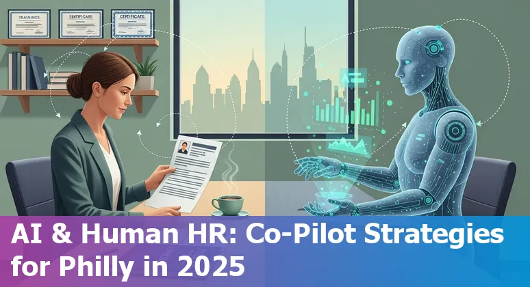 HR leader and AI icons over Philadelphia skyline, Pennsylvania, US