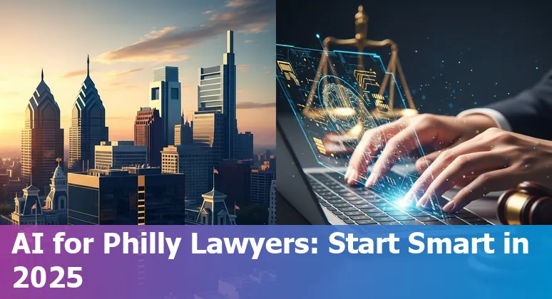 Philadelphia, Pennsylvania lawyer using AI tools in 2025: laptop with legal documents and AI interface, Philadelphia skyline in background