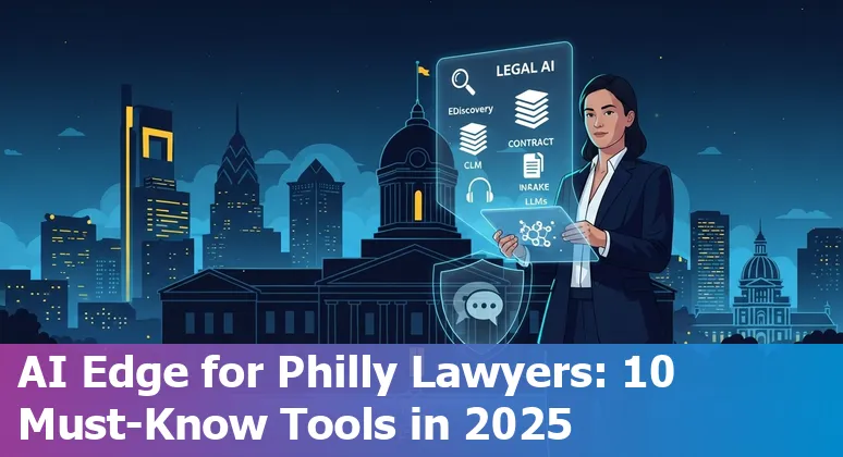 Philadelphia attorney using AI tools on a laptop with City Hall skyline in the background