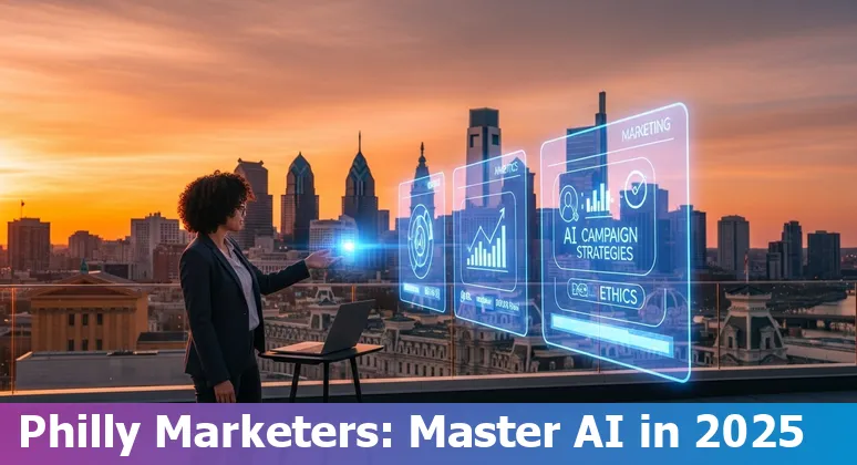 Marketing professional using AI tools in Philadelphia, PA skyline in 2025