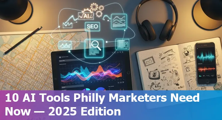 Philadelphia marketing team using AI tools like Distribution.ai and Jasper AI on laptops with Philadelphia skyline in background.