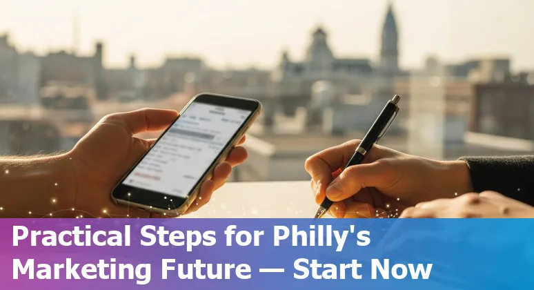 Philadelphia, Pennsylvania marketers using AI tools together in an office, illustrating AI augmenting marketing jobs in Philadelphia, Pennsylvania.
