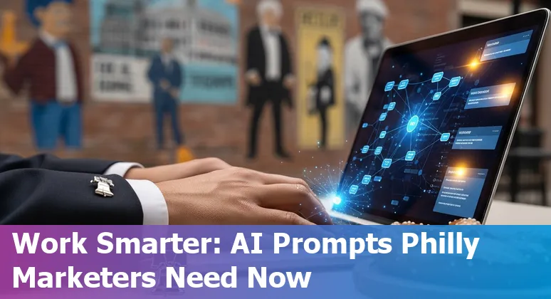 Marketing professional in Philadelphia using AI prompts on a laptop to create local content and ad variants.