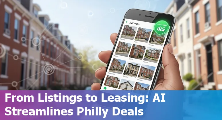Philadelphia skyline with AI and real estate icons showing AI helping real estate firms in Pennsylvania, US