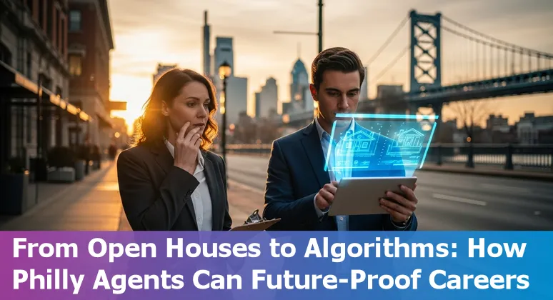 Philadelphia skyline with real estate icons and AI circuit overlay representing AI impact on property jobs