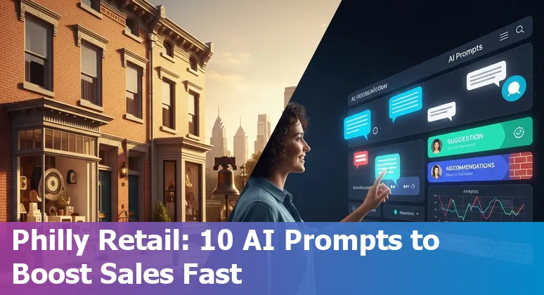 Philadelphia retail storefront with AI-generated mockup on a tablet, showing product images and marketing copy