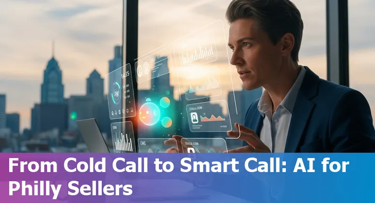 Sales professional using AI tools in Philadelphia, PA skyline, 2025
