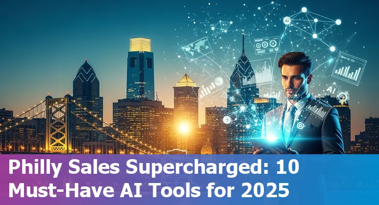 Collage of AI sales tools logos with Philadelphia skyline in the background.