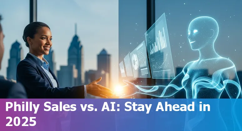 Sales professional using AI tools in Philadelphia, Pennsylvania skyline in background