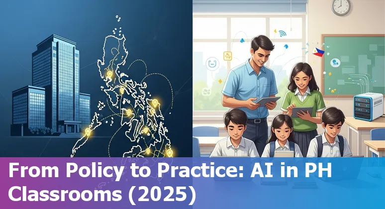 Illustration of AI tools in Philippine classrooms 2025 with students, teachers, and digital infrastructure in the Philippines