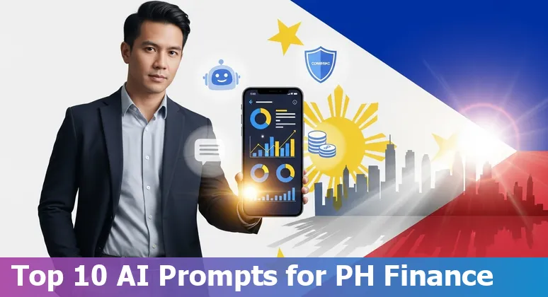Illustration of AI icons over Philippine financial services: bank, mobile wallet, charts, and chatbot.