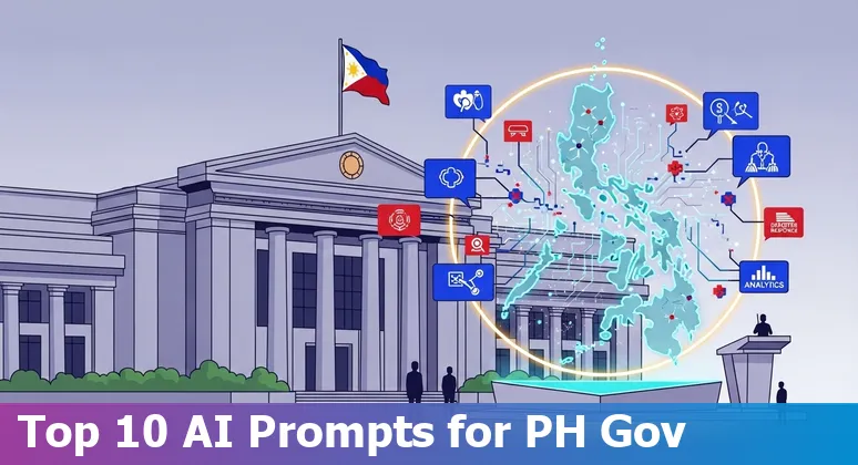 Illustration of Philippine government AI use cases: chatbots, dashboards, document digitization, and crisis response.