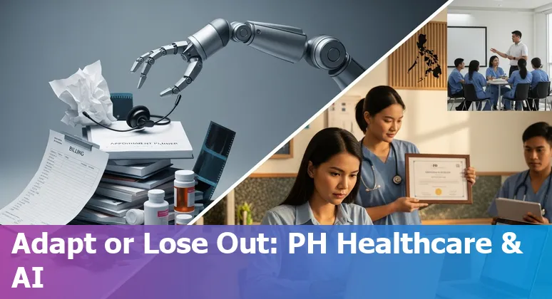 Philippine healthcare workers and AI icons representing billing, transcription, scheduling, radiology and pharmacy adaptation.