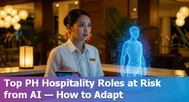 Hotel staff using tablet with AI icons showing automation risks to Philippine hospitality jobs