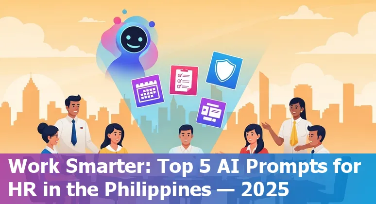 Philippine HR professional using AI prompts on laptop to craft benefits, policies, and onboarding materials.