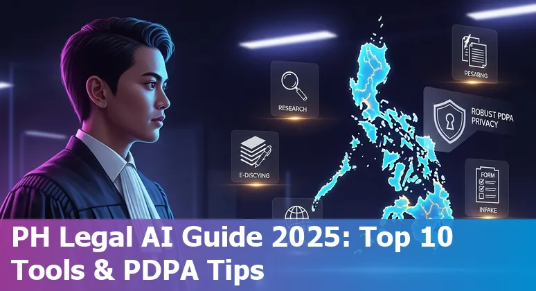 Collage of AI tool logos and a Filipino lawyer using a laptop with a Philippine flag on the desk