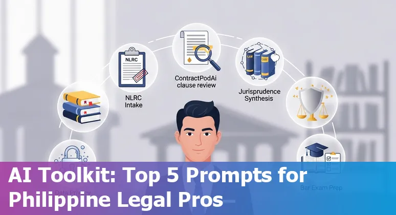 Philippine lawyer using AI prompts on laptop with legal documents and Philippine flag in background
