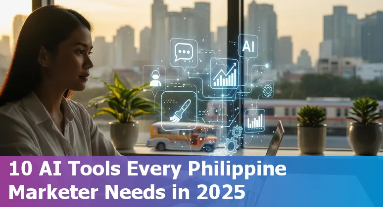 Collage showing AI marketing tool logos and Philippine marketing visuals like social ads and analytics