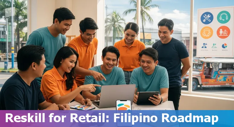 Philippine retail worker using a tablet with AI icons and training materials in the background
