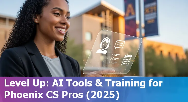 Customer service agent using AI chatbot with Phoenix, AZ skyline in background - 2025 guide
