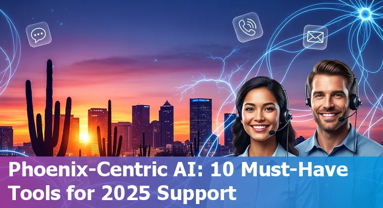 Customer service agent using AI chat tools with Phoenix skyline in background, representing top AI tools for 2025.