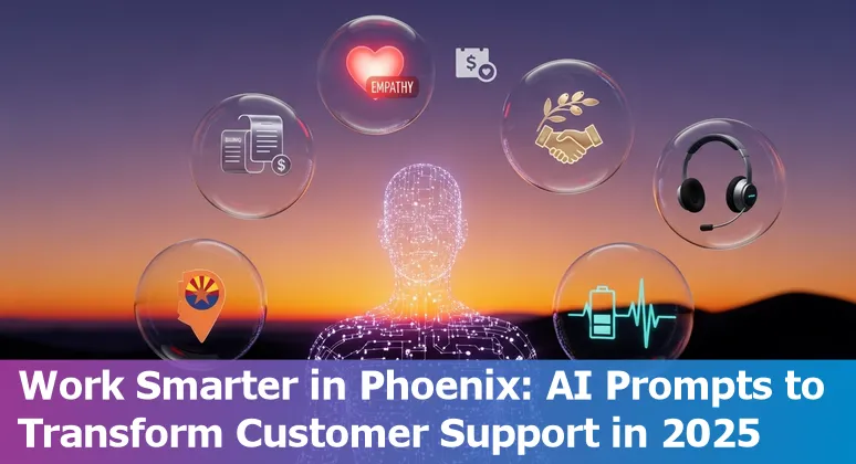 Customer service agent in Phoenix using AI prompts on a laptop with Phoenix skyline faintly visible.