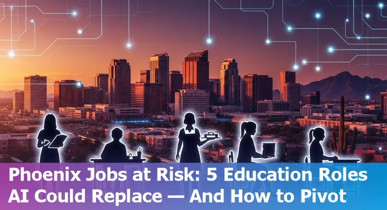 Phoenix classroom and school office with AI icons showing jobs at risk and people upskilling