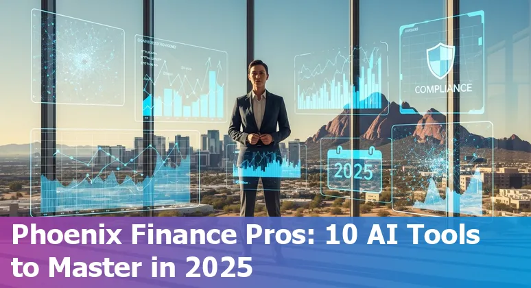 Finance professional using AI tools on a laptop with Phoenix skyline in the background, 2025.