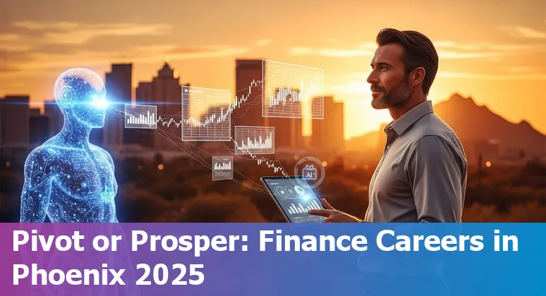 Finance professional using AI tools on a laptop in Phoenix, Arizona with city skyline in background