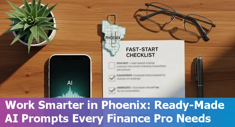 Finance professional in Phoenix using AI prompts on laptop with downtown Phoenix skyline.