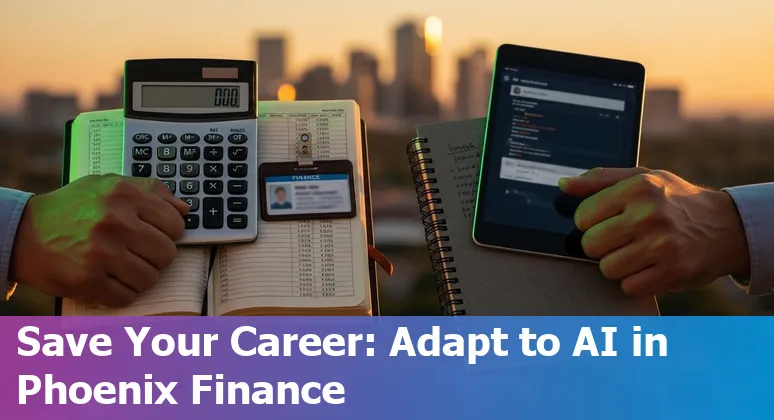 Phoenix skyline with banking icons and AI automation symbols overlay, illustrating AI risk to financial services jobs.