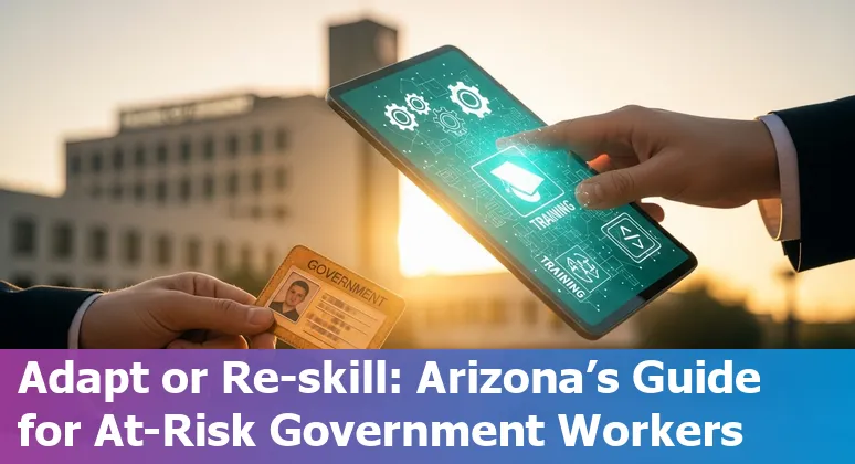 Phoenix cityscape with icons representing customer service, cashier, data entry, interpreter, and groundskeeping roles under AI overlay