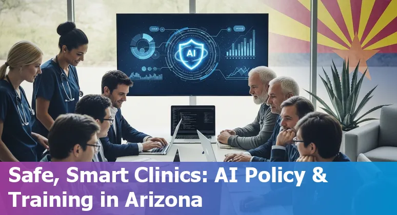 Illustration of AI in Phoenix, Arizona healthcare: doctors, chatbots, ASU labs, and Waymo near Sky Harbor airport